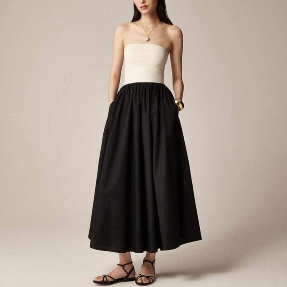 NWOT J.Crew Strapless Colorblock Stretch Mixy Midi Dress Black Cream Size XXS
